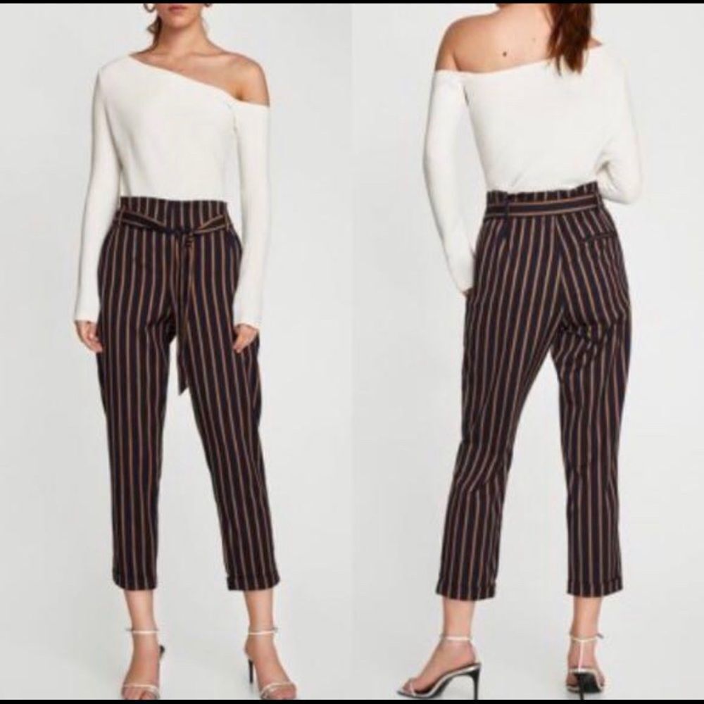 Zara Striped Navy Paper Bag Trousers with Belt XS